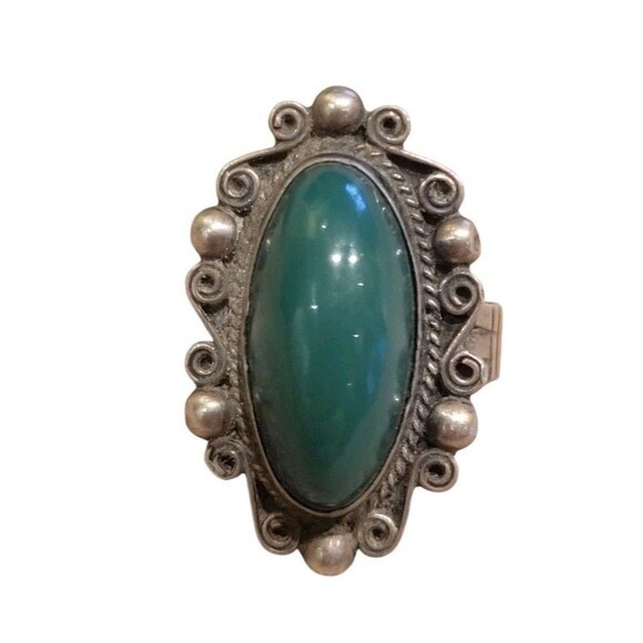 Vintage Sterling Silver Mexico Dark Green Jade Stone Ring Sz 6.5 Signed - Picture 3 of 8